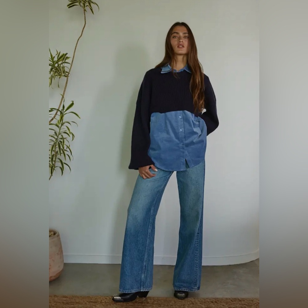 By Together Navy Cropped Sweater over Blue Shirt